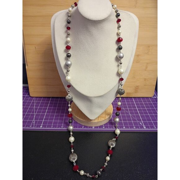 Vintage Premier Crown Designs Red Black Silvertone 36” Beaded Long Wrap Necklace - Picture 7 of 7